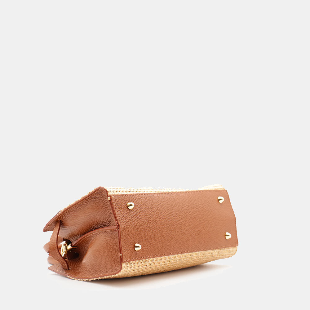 Borsa Donna a Mano VIAVERDI in Rafia e Pelle Color Cuoio Made in Italy linea Artimino