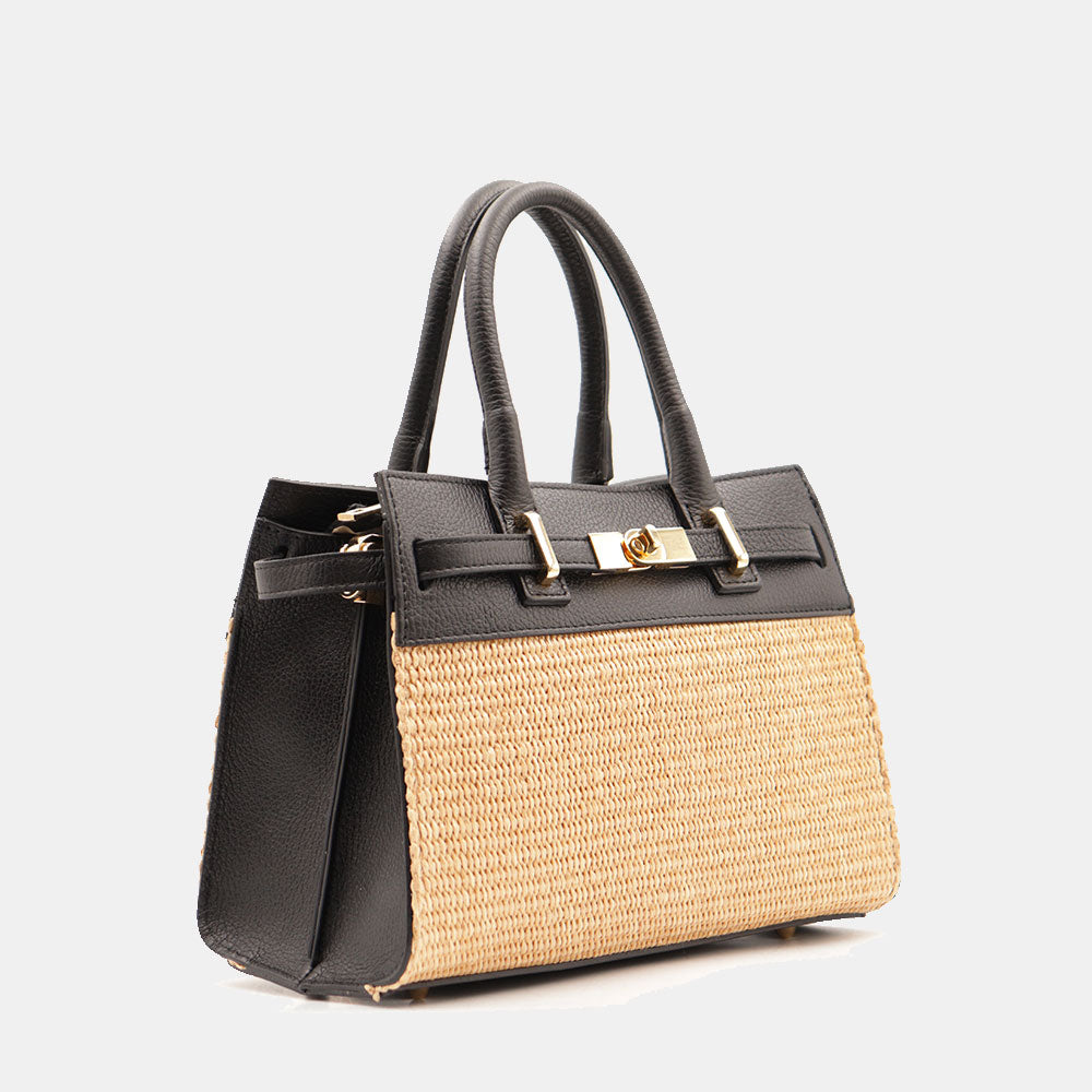 Borsa Donna a Mano VIAVERDI in Rafia e Pelle Nera Made in Italy linea Artimino