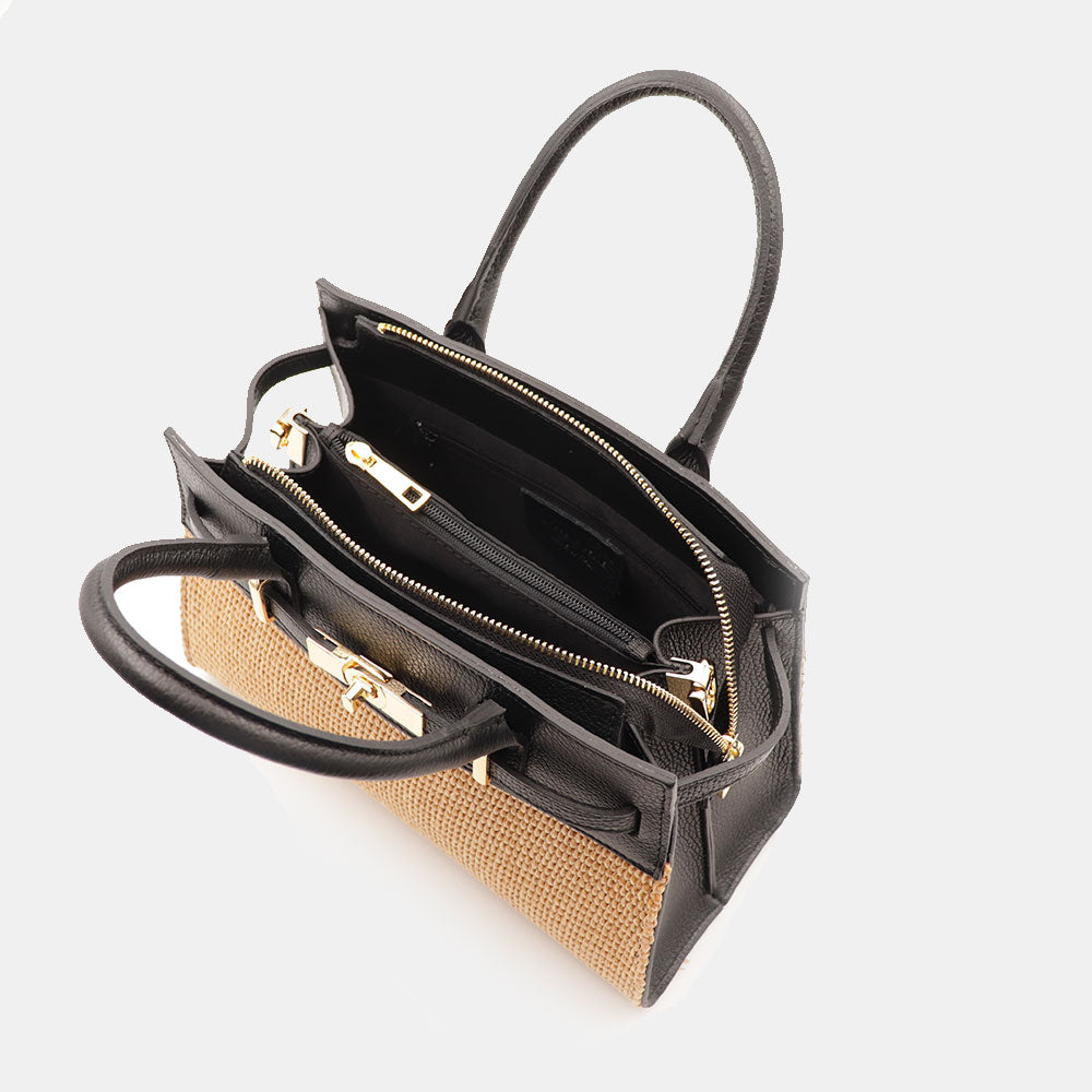 Borsa Donna a Mano VIAVERDI in Rafia e Pelle Nera Made in Italy linea Artimino