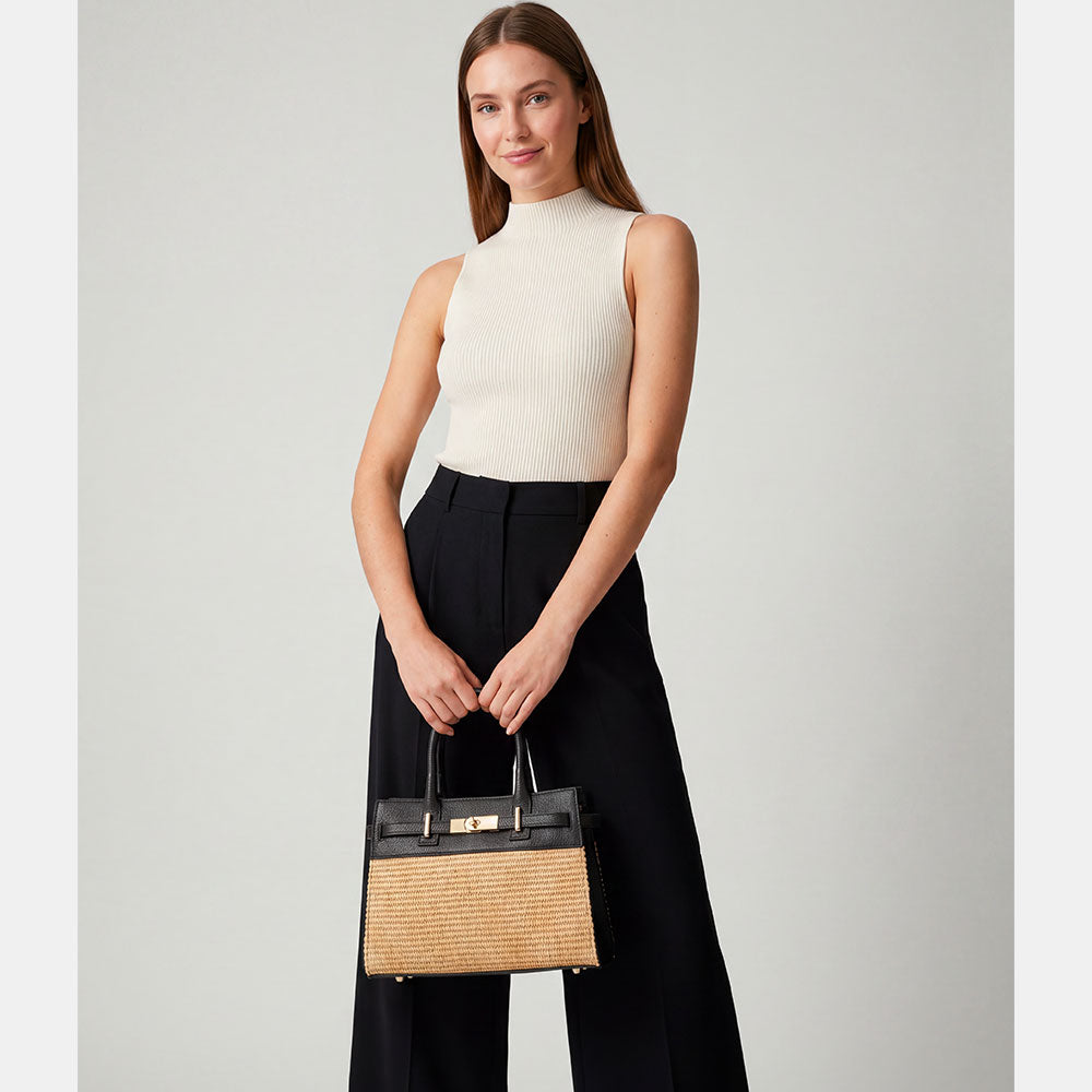 Borsa Donna a Mano VIAVERDI in Rafia e Pelle Nera Made in Italy linea Artimino
