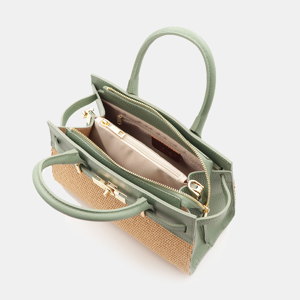 Borsa Donna a Mano VIAVERDI in Rafia e Pelle Verde Menta Made in Italy linea Artimino