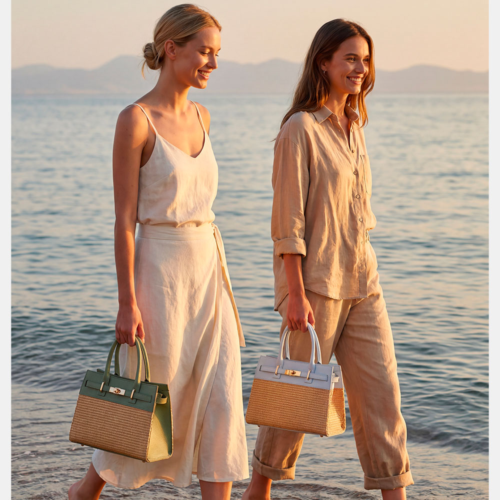 Borsa Donna a Mano VIAVERDI in Rafia e Pelle Celeste Made in Italy linea Artimino