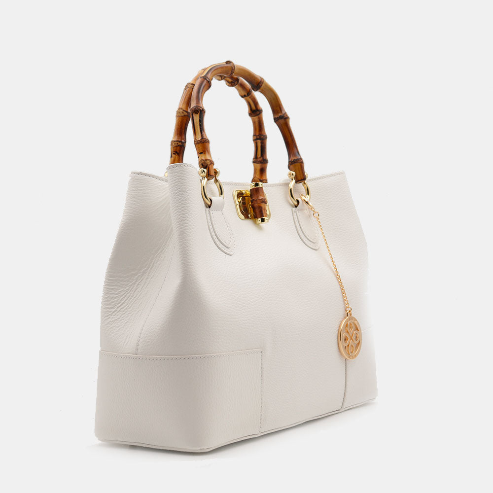VIAVERDI Women's Large White Leather Handbag Made in Italy Volterra Line