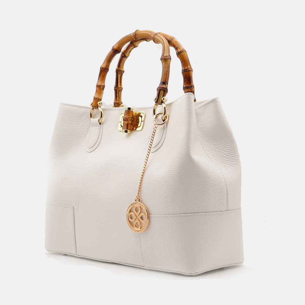 VIAVERDI Women's Large White Leather Handbag Made in Italy Volterra Line