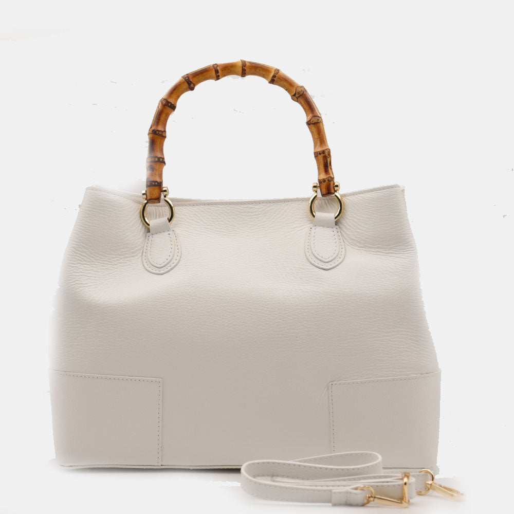VIAVERDI Women's Large White Leather Handbag Made in Italy Volterra Line