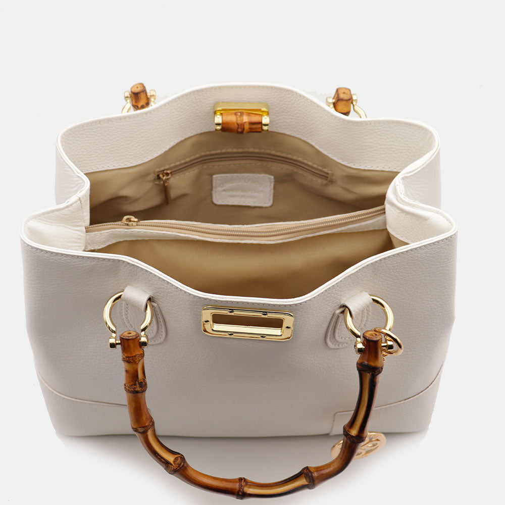 VIAVERDI Women's Large White Leather Handbag Made in Italy Volterra Line