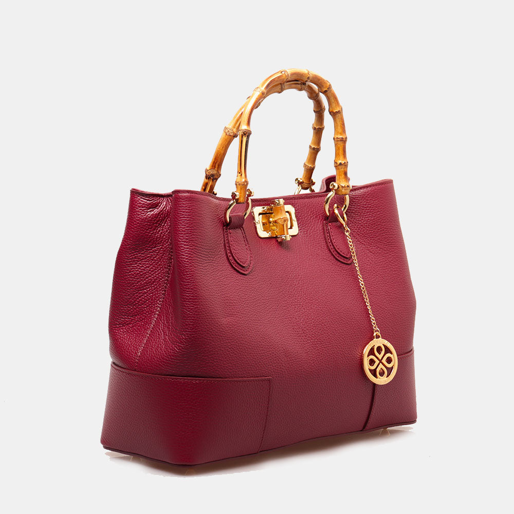 VIAVERDI Large Bordeaux Leather Bag Made in Italy, Volterra Line