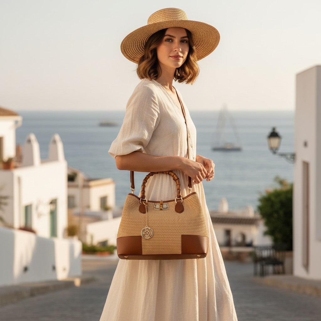 VIAVERDI Women's Large Raffia and Tan Leather Handbag Made in Italy Volterra Line