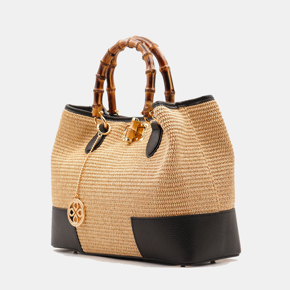 Borsa Grande a Mano VIAVERDI in Rafia e Pelle Nera Made in Italy linea Volterra