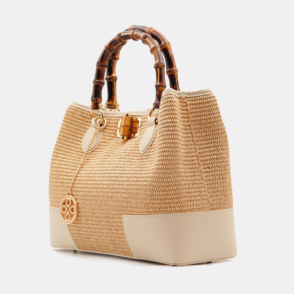 Borsa Grande a Mano VIAVERDI in Rafia e Pelle Avorio Made in Italy linea Volterra