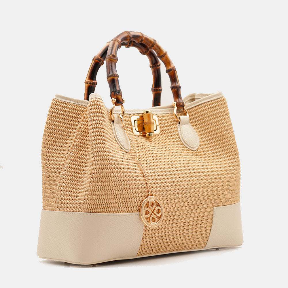 Borsa Grande a Mano VIAVERDI in Rafia e Pelle Avorio Made in Italy linea Volterra