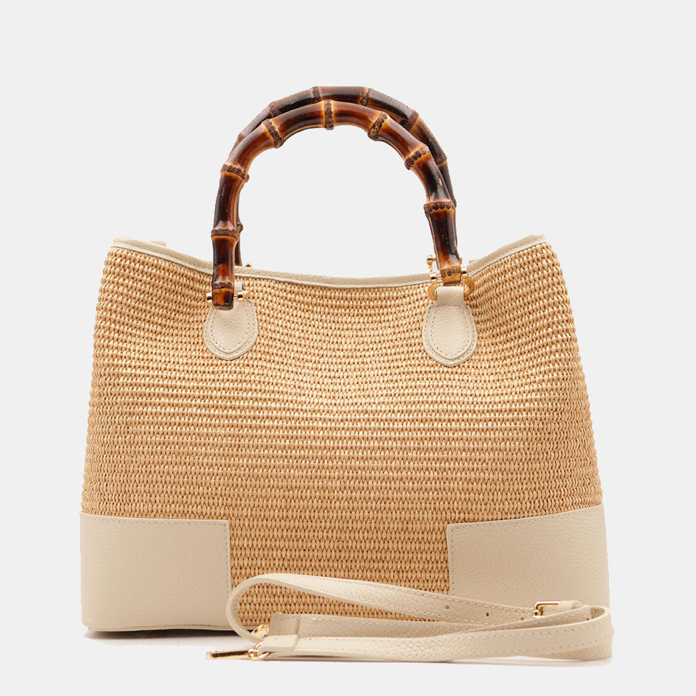 Borsa Grande a Mano VIAVERDI in Rafia e Pelle Avorio Made in Italy linea Volterra