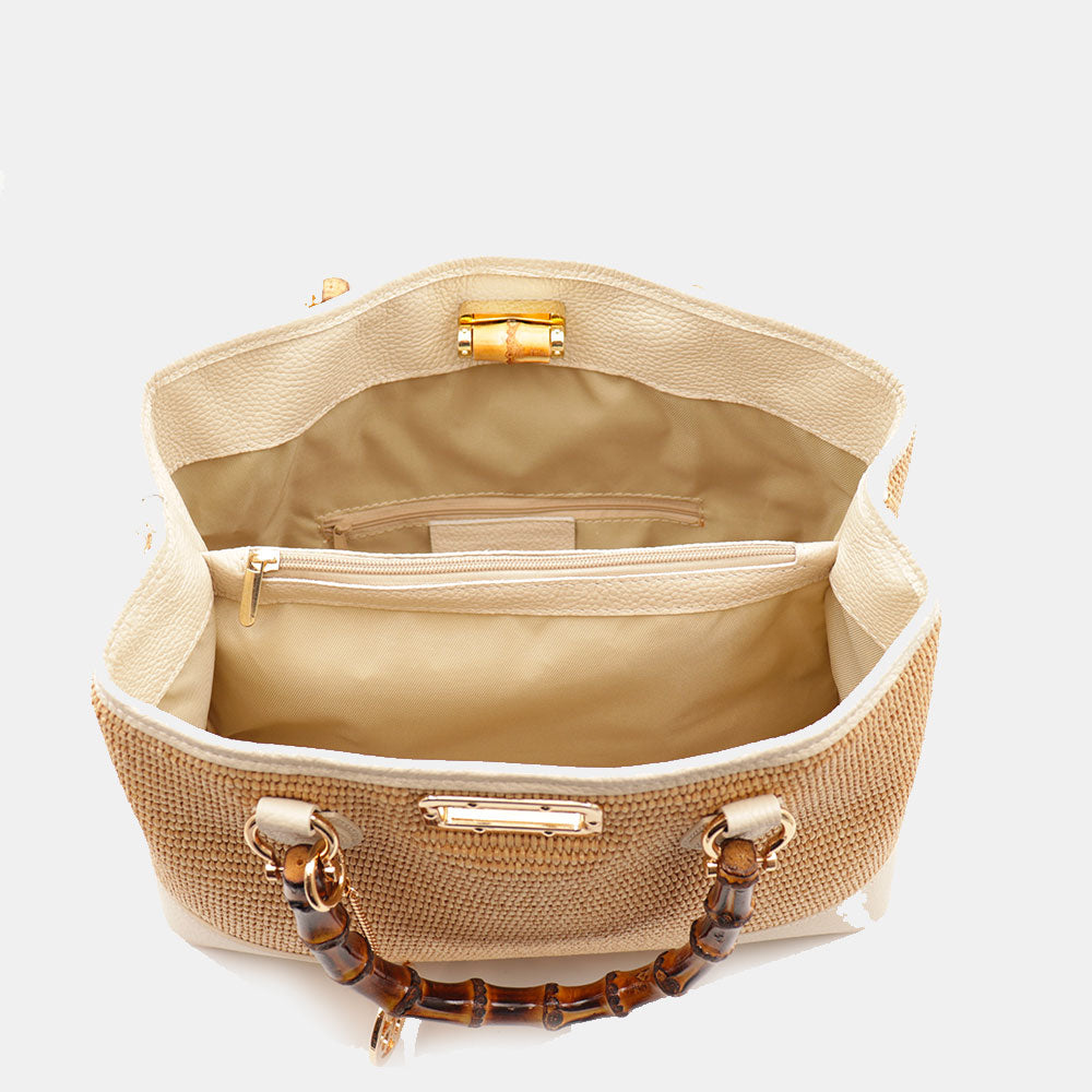 Borsa Grande a Mano VIAVERDI in Rafia e Pelle Avorio Made in Italy linea Volterra