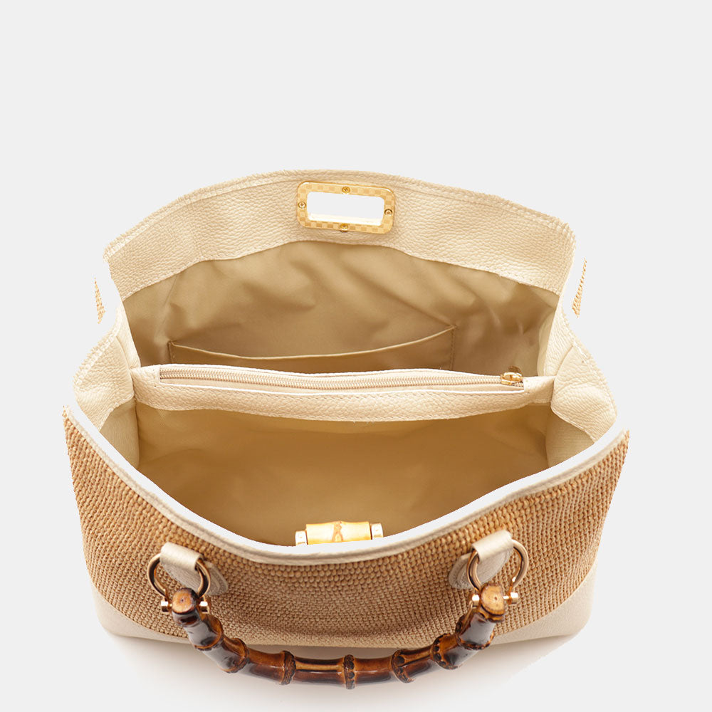 Borsa Grande a Mano VIAVERDI in Rafia e Pelle Avorio Made in Italy linea Volterra