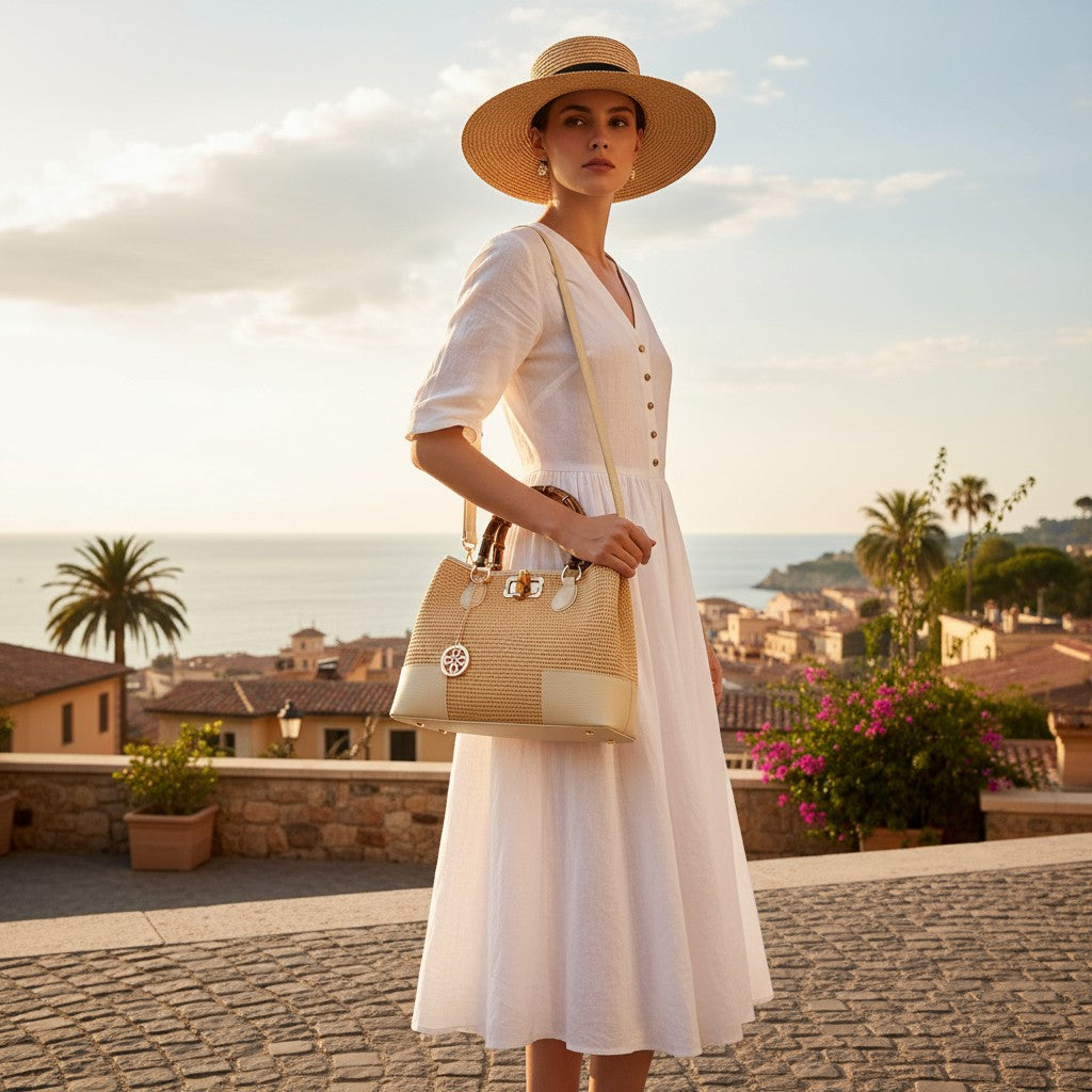 VIAVERDI Women's Large Raffia and Ivory Leather Handbag Made in Italy Volterra Line