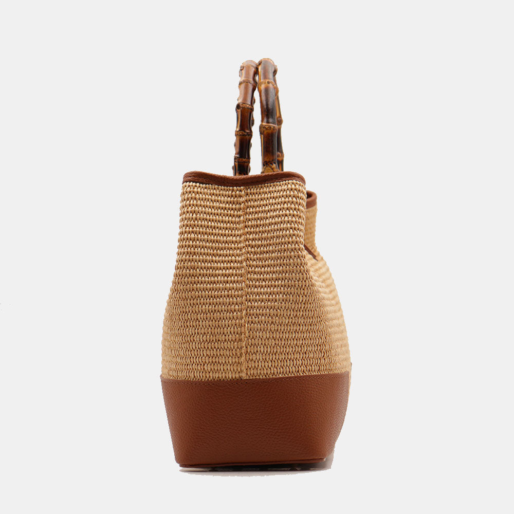 Borsa Grande a Mano VIAVERDI in Rafia e Pelle color Cuoio Made in Italy linea Volterra