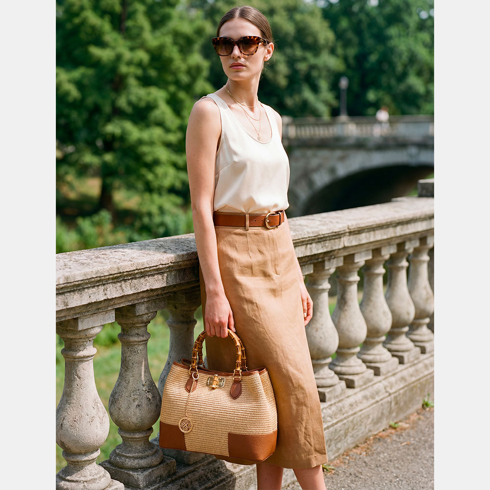 Borsa Grande a Mano VIAVERDI in Rafia e Pelle color Cuoio Made in Italy linea Volterra