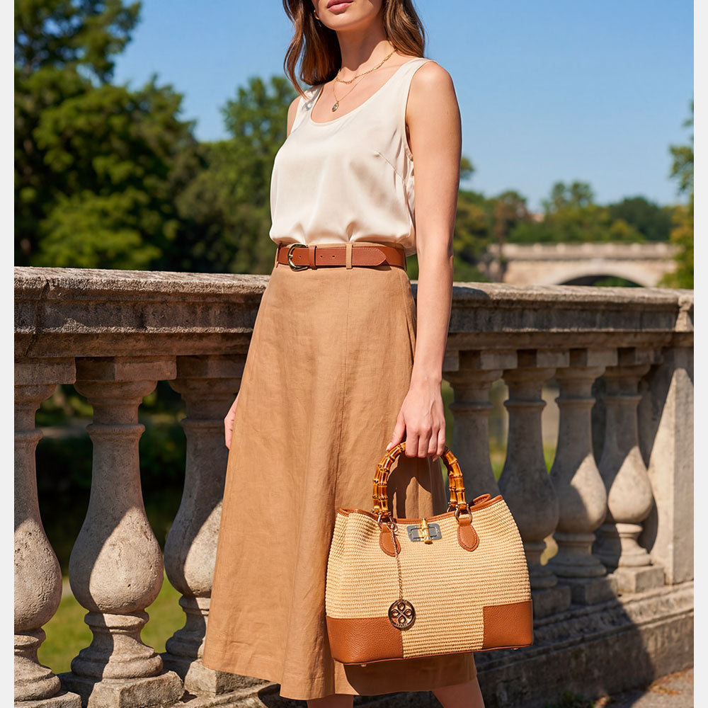 Borsa Grande a Mano VIAVERDI in Rafia e Pelle color Cuoio Made in Italy linea Volterra