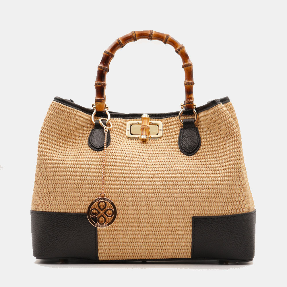 Borsa Grande a Mano VIAVERDI in Rafia e Pelle Nera Made in Italy linea Volterra