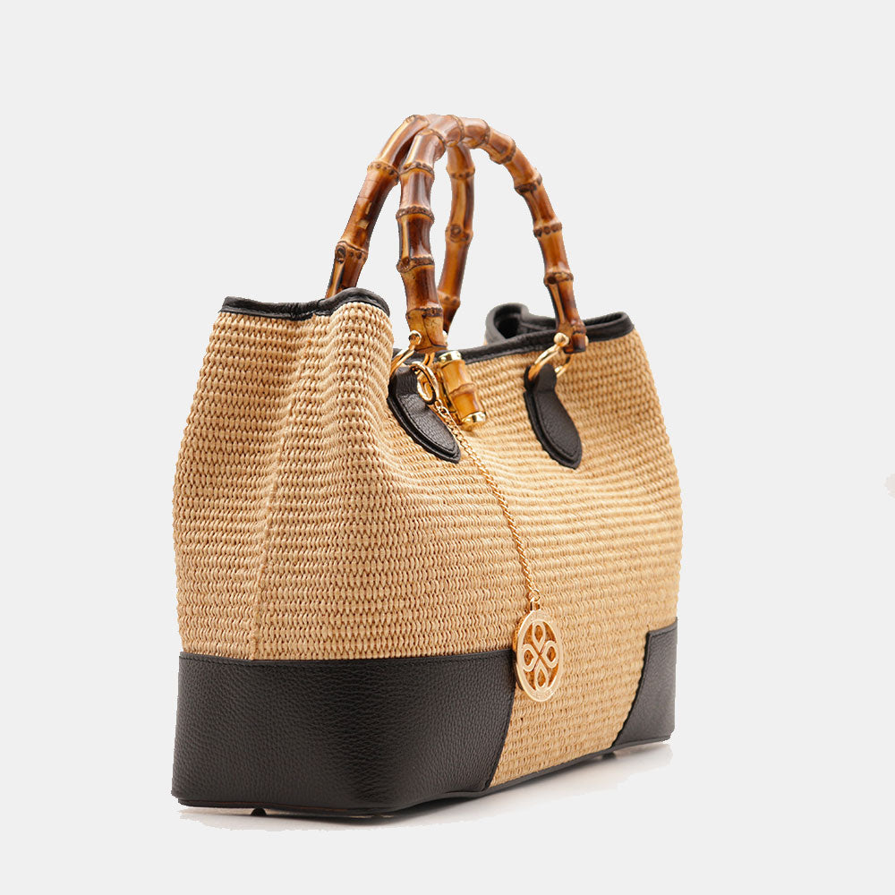 Borsa Grande a Mano VIAVERDI in Rafia e Pelle Nera Made in Italy linea Volterra