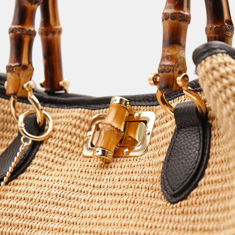 Borsa Grande a Mano VIAVERDI in Rafia e Pelle Nera Made in Italy linea Volterra