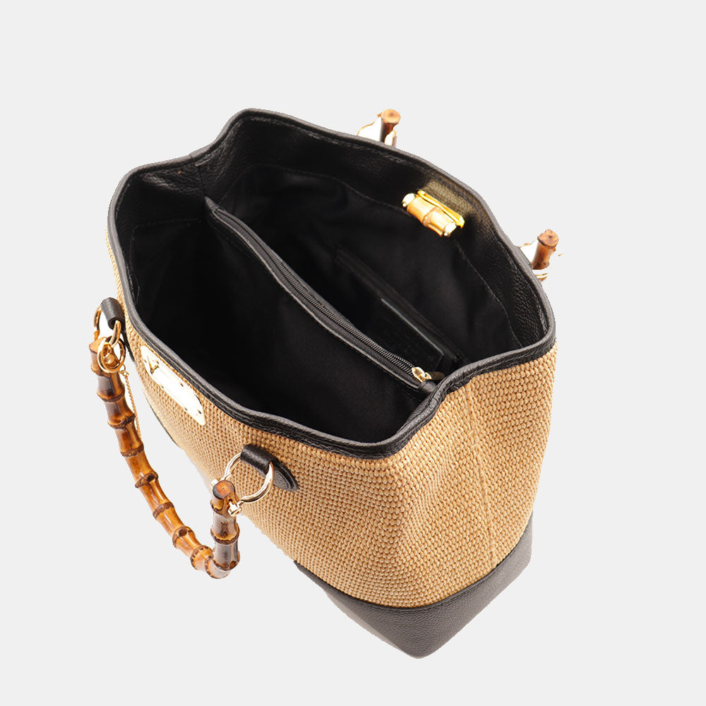 Borsa Grande a Mano VIAVERDI in Rafia e Pelle Nera Made in Italy linea Volterra