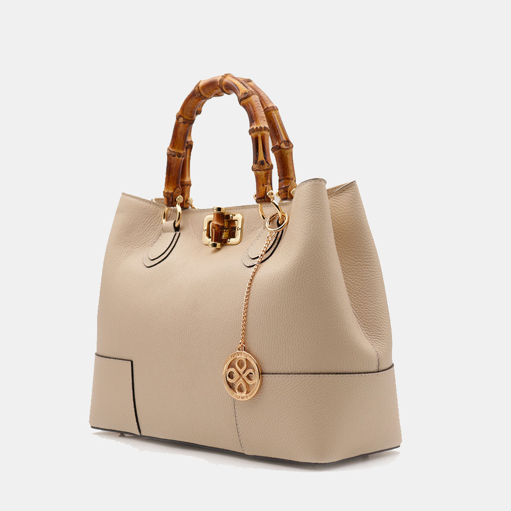 Große Damen-Handtasche VIAVERDI aus hellbeigem Leder Made in Italy Linie Volterra