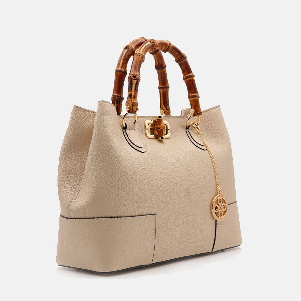 Große Damen-Handtasche VIAVERDI aus hellbeigem Leder Made in Italy Linie Volterra