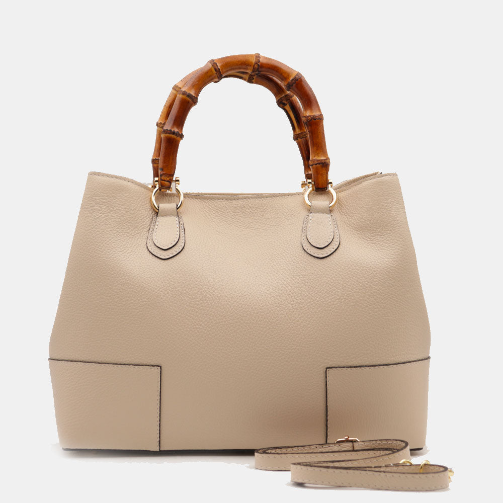 Große Damen-Handtasche VIAVERDI aus hellbeigem Leder Made in Italy Linie Volterra