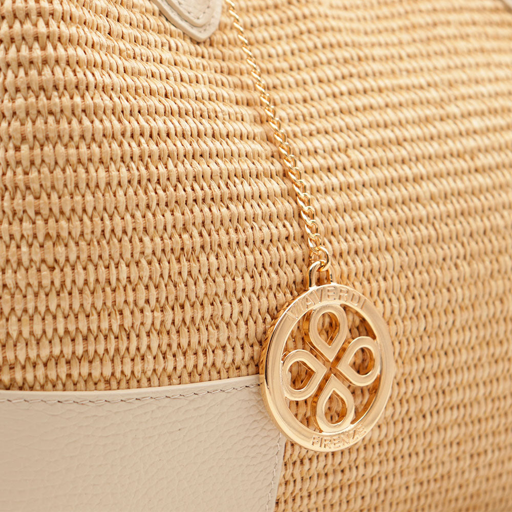 Borsa Grande a Mano VIAVERDI in Rafia e Pelle Avorio Made in Italy linea Volterra