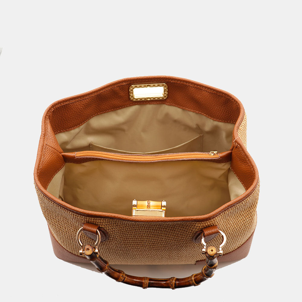 Borsa Grande a Mano VIAVERDI in Rafia e Pelle color Cuoio Made in Italy linea Volterra