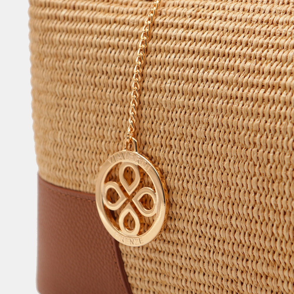 Borsa Grande a Mano VIAVERDI in Rafia e Pelle color Cuoio Made in Italy linea Volterra