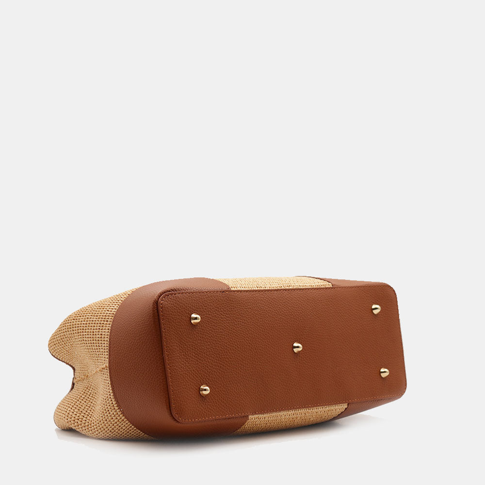 Borsa Grande a Mano VIAVERDI in Rafia e Pelle color Cuoio Made in Italy linea Volterra