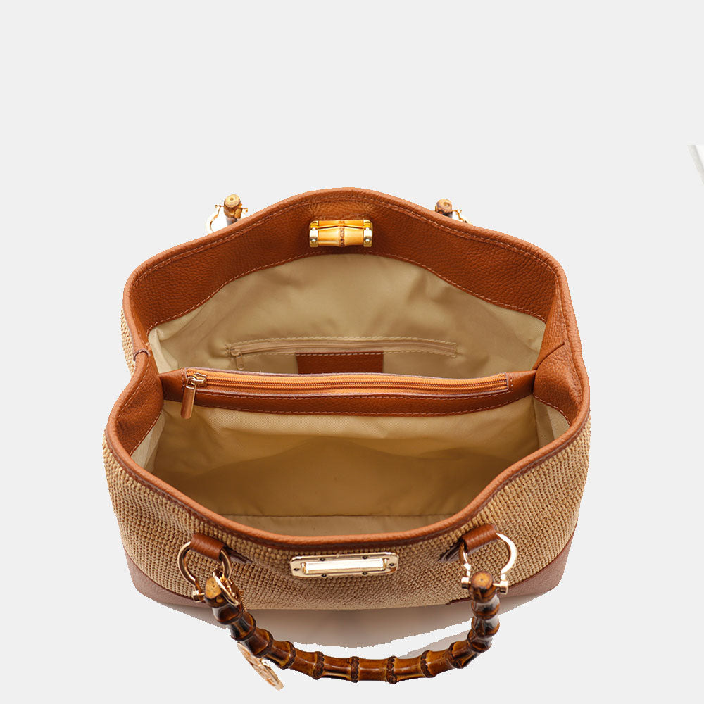 Borsa Grande a Mano VIAVERDI in Rafia e Pelle color Cuoio Made in Italy linea Volterra