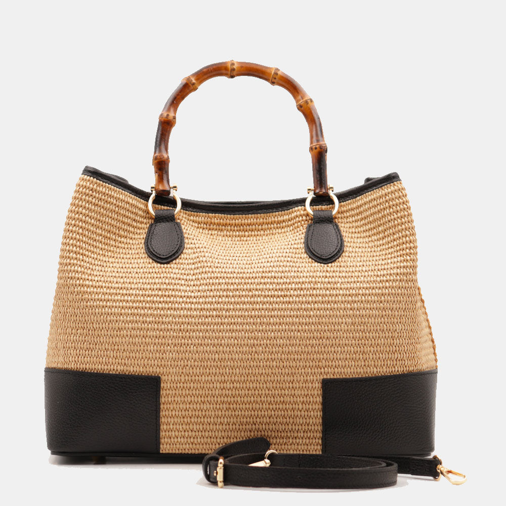 Borsa Grande a Mano VIAVERDI in Rafia e Pelle Nera Made in Italy linea Volterra