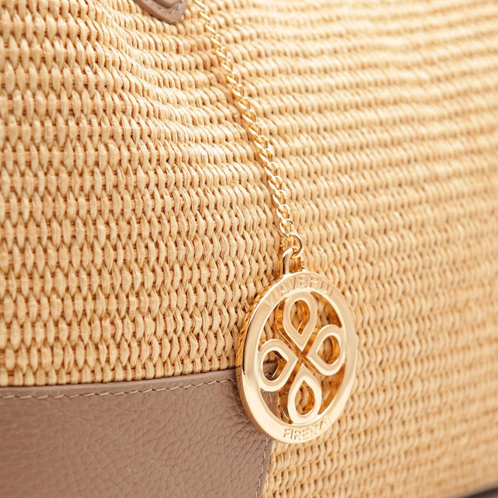 Borsa Grande a Mano VIAVERDI in Rafia e Pelle Taupe Made in Italy linea Volterra
