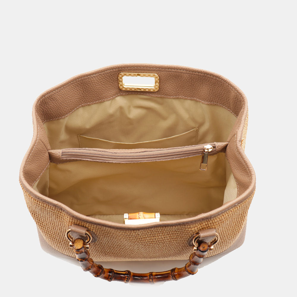 Borsa Grande a Mano VIAVERDI in Rafia e Pelle Taupe Made in Italy linea Volterra