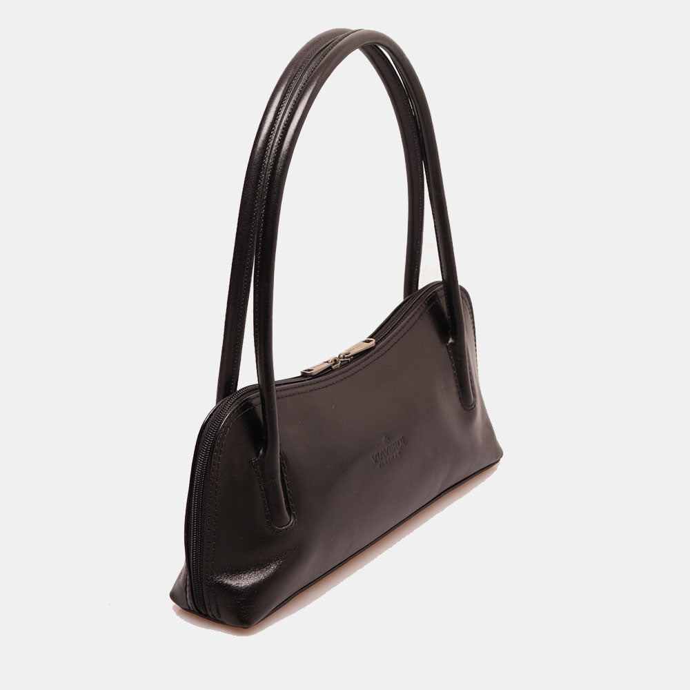 VIAVERDI Umhängetasche aus schwarzem Leder, Made in Italy, Linie Florence