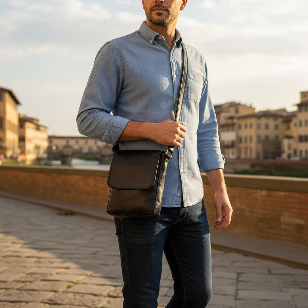 Schwarze Ledertasche für Herren mit Klappe VIAVERDI Made in Italy Florence Line