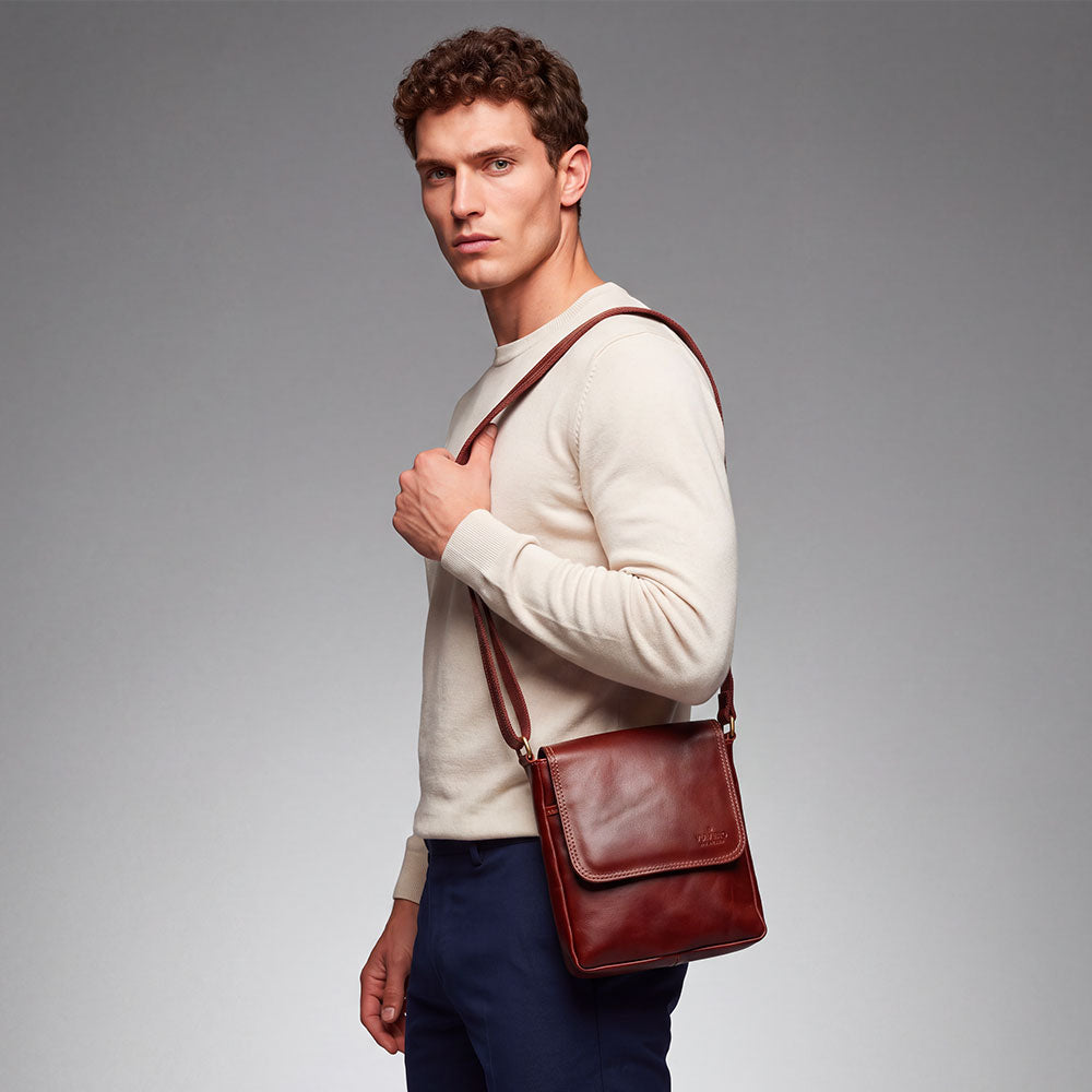 Men's Brown Leather Messenger Bag with Flap, VIAVERDI, Made in Italy, Firenze Line.