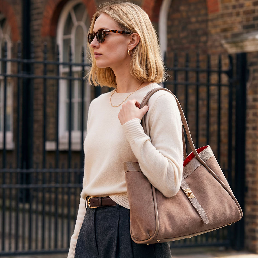 Borsa Donna a Spalla VIAVERDI in Camoscio e Pelle Taupe Made in Italy linea Cortona