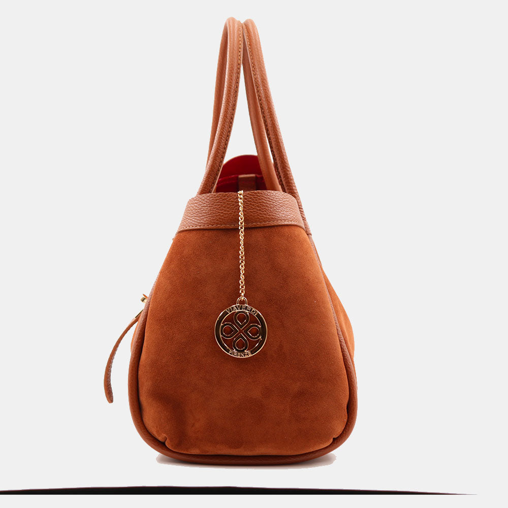 Borsa Donna a Spalla VIAVERDI in Camoscio e Pelle Marrone Made in Italy linea Cortona