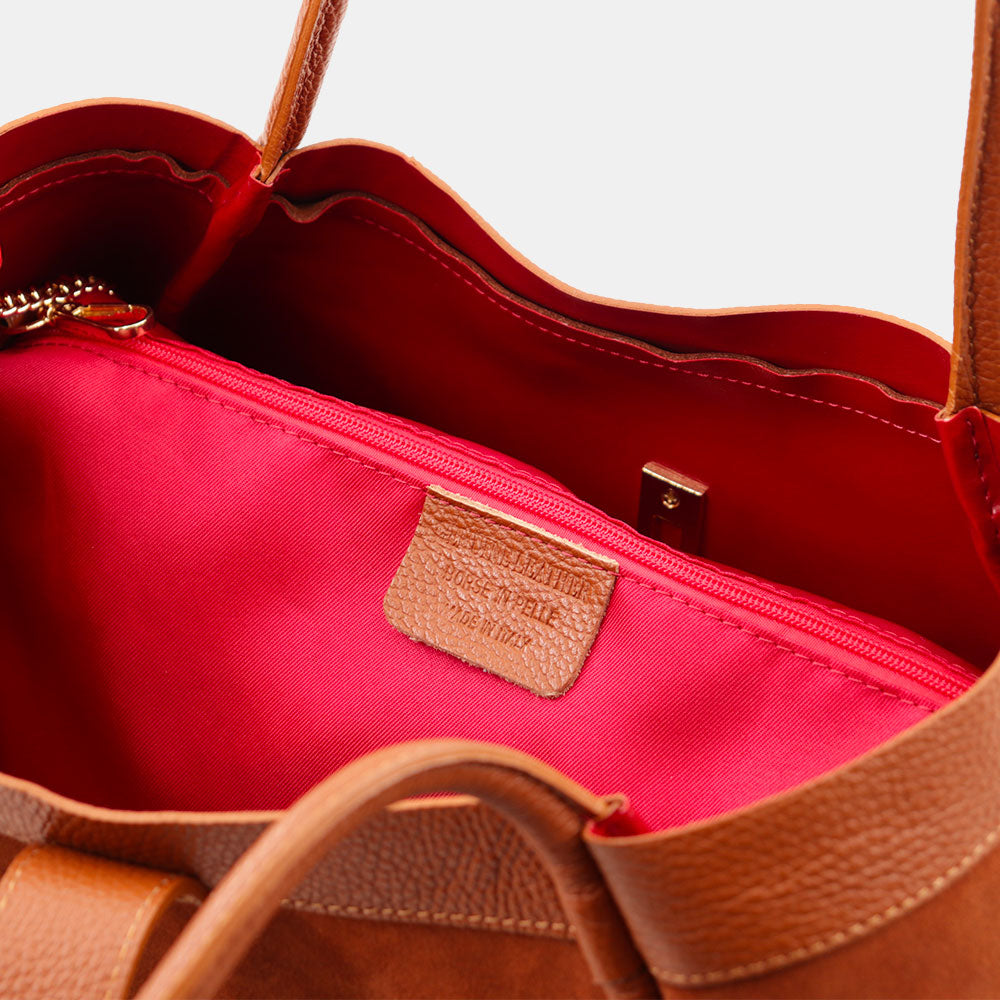 Borsa Donna a Spalla VIAVERDI in Camoscio e Pelle Marrone Made in Italy linea Cortona