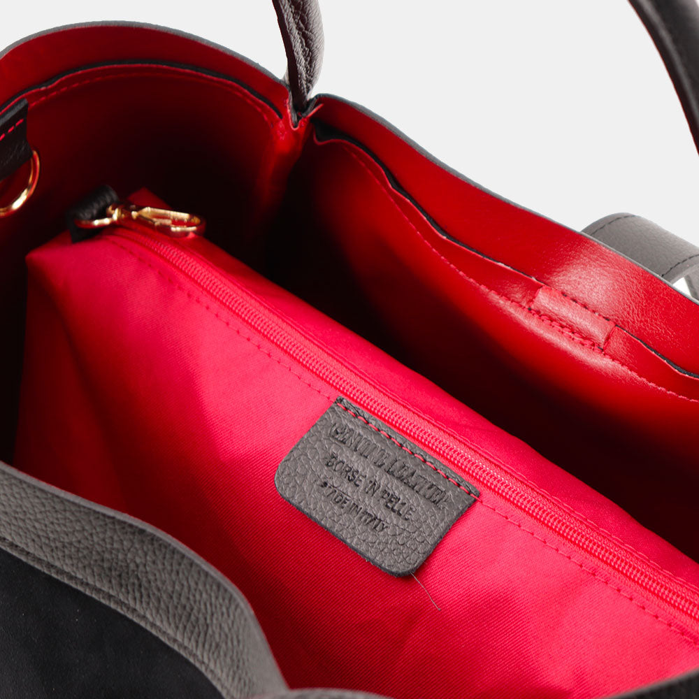 Borsa Donna a Spalla VIAVERDI in Camoscio e Pelle Nera Made in Italy linea Cortona