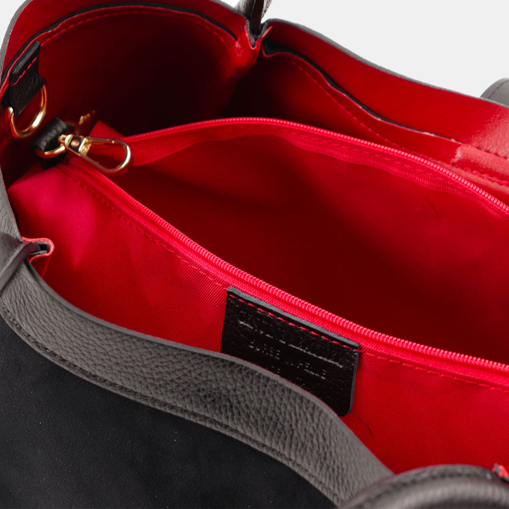 VIAVERDI Women's Shoulder Bag in Black Suede and Leather Made in Italy, Cortona Line