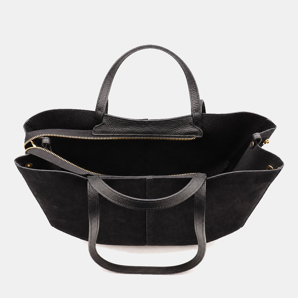 Borsa Doppio Manico a Mano e Spalla VIAVERDI in Camoscio Nero Made in Italy linea Capalbio