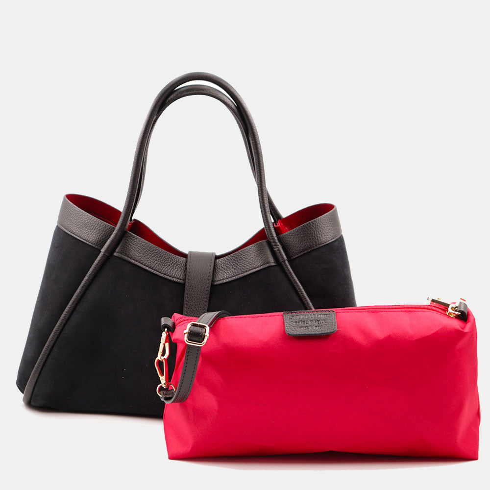 Borsa Donna a Spalla VIAVERDI in Camoscio e Pelle Nera Made in Italy linea Cortona