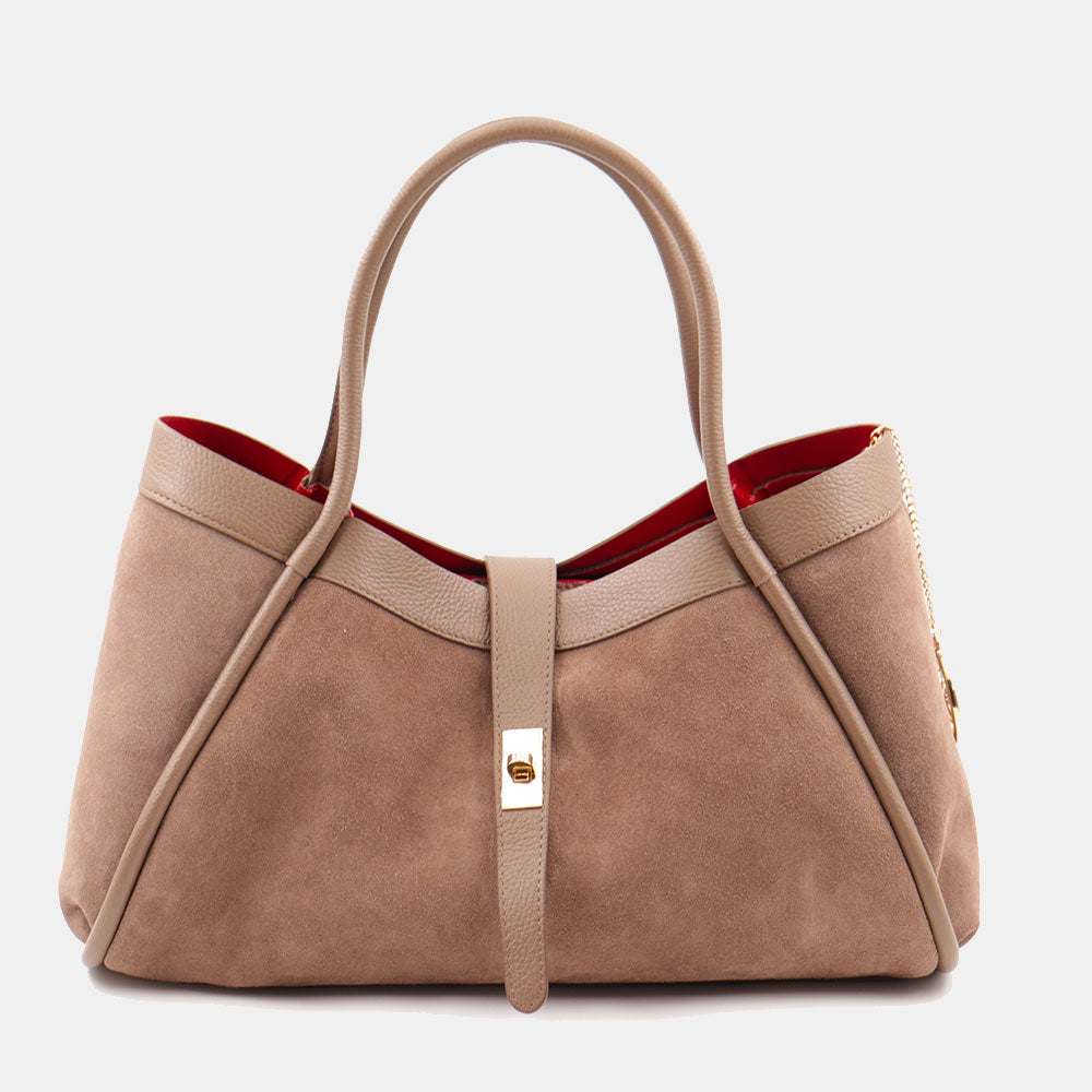 Borsa Donna a Spalla VIAVERDI in Camoscio e Pelle Taupe Made in Italy linea Cortona