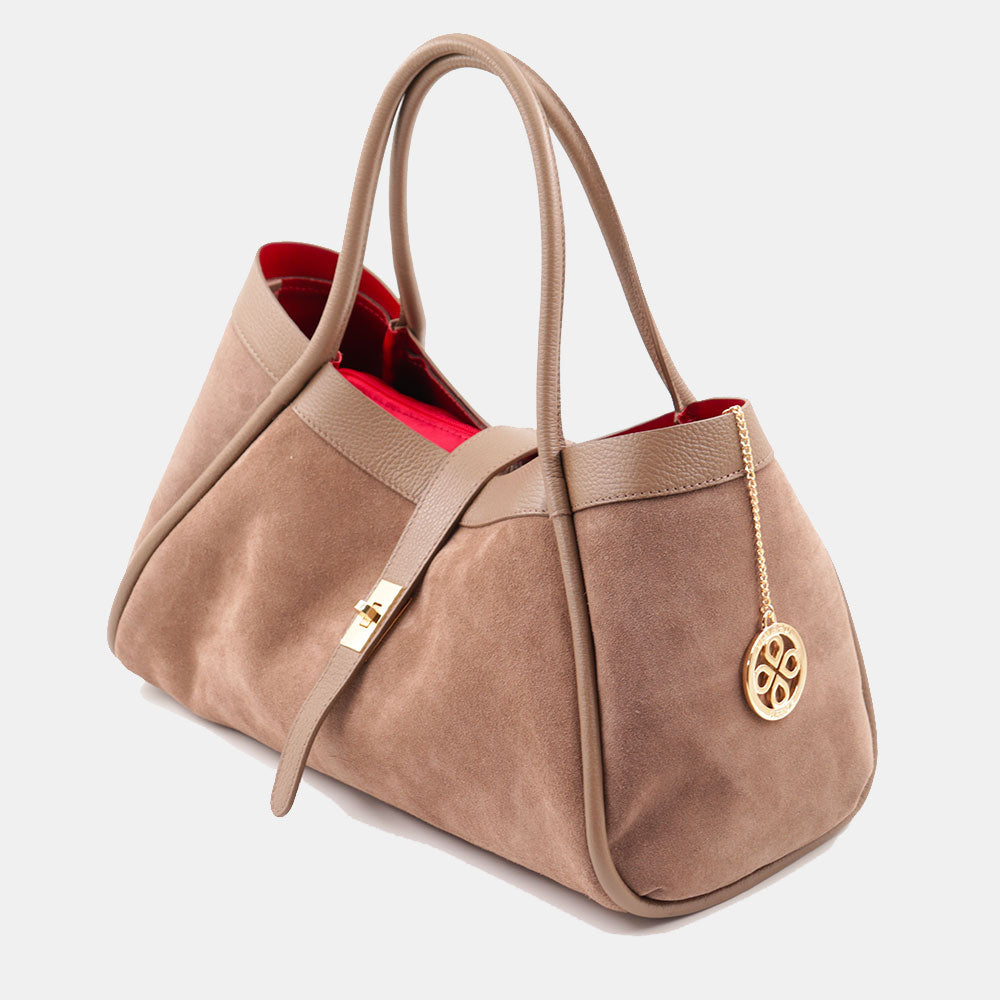 Borsa Donna a Spalla VIAVERDI in Camoscio e Pelle Taupe Made in Italy linea Cortona