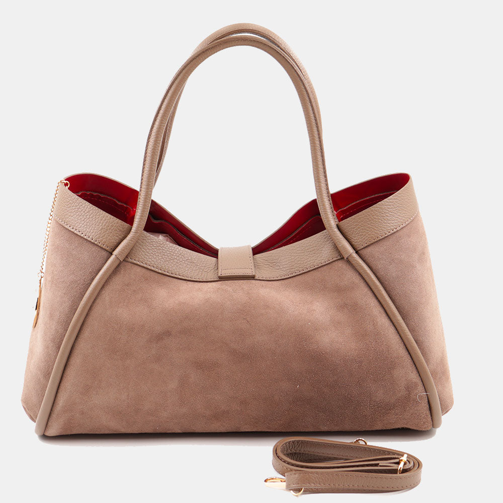 Borsa Donna a Spalla VIAVERDI in Camoscio e Pelle Taupe Made in Italy linea Cortona